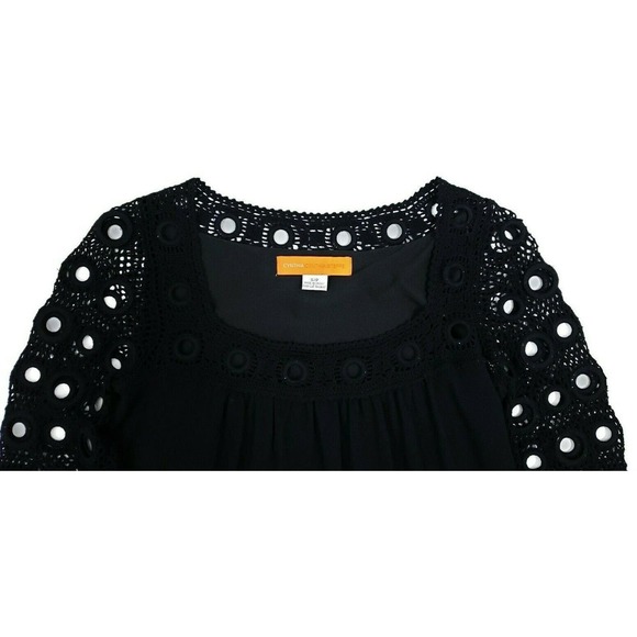 Cynthia Steffe Knit Shift Dress S Black Crochet Eyelet 3/4 Sleeve Knee Length - Picture 2 of 9